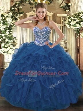 Blue Sleeveless Beading and Ruffled Layers Floor Length Ball Gown Prom Dress
