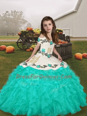 Floor Length Turquoise Little Girls Pageant Gowns Long Sleeves Embroidery and Ruffles
