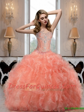 Cheap Sweetheart Watermelon Quinceanera Dresses with Beading for 2015