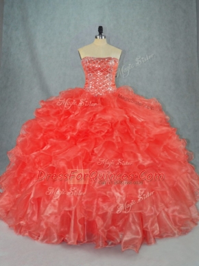 Top Selling Red Organza Lace Up Strapless Sleeveless Floor Length Sweet 16 Quinceanera Dress Beading and Ruffles