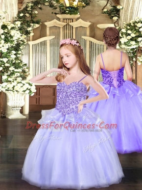 Top Selling Spaghetti Straps Sleeveless Lace Up Little Girls Pageant Gowns Lavender Organza