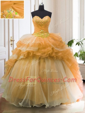 Luxurious Orange Quinceanera Gown Military Ball and Sweet 16 and Quinceanera and For with Beading and Ruffled Layers Sweetheart Sleeveless Sweep Train Lace Up