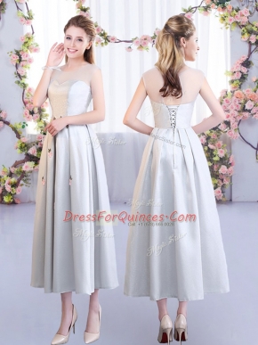 Pretty Silver Empire Scoop Sleeveless Satin Tea Length Lace Up Appliques Quinceanera Dama Dress