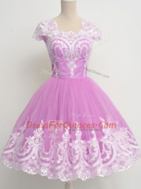 Hot Sale Tulle Cap Sleeves Knee Length Quinceanera Dama Dress and Lace