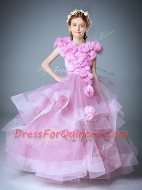 Scoop Baby Pink Ball Gowns Hand Made Flower Flower Girl Dress Zipper Tulle Sleeveless Floor Length