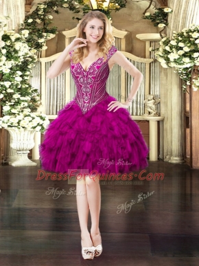 Fantastic Fuchsia Sleeveless Beading and Ruffles Mini Length Prom Dresses