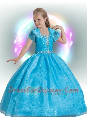 Luxurious Straps Ball Gown Blue Little Girl Pageant Dress with Beading for 2014