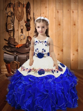 Royal Blue Straps Neckline Embroidery and Ruffles Kids Pageant Dress Sleeveless Lace Up