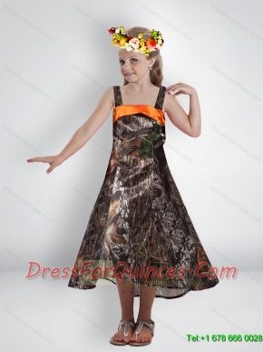 Elegant High Low Straps Camo Flower Girl Dresses with Sashes
