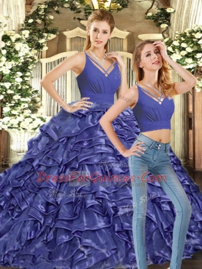 Lavender Two Pieces Organza V-neck Sleeveless Ruffles Backless 15th Birthday Dress Brush Train