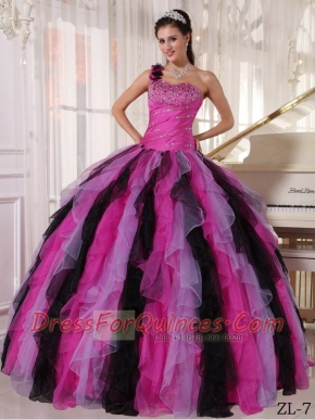 2014 Beading Multi-colored Ball Gown One Shoulder Floor-length Cheap Quinceanera Dresses