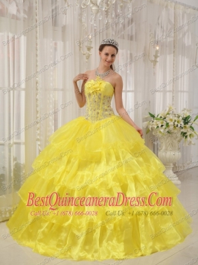 Yellow Ball Gown Strapless Floor-length Taffeta and Organza Beading Quinceanera Dress