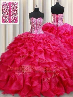 Sleeveless Brush Train Beading and Ruffles Lace Up Quinceanera Gowns
