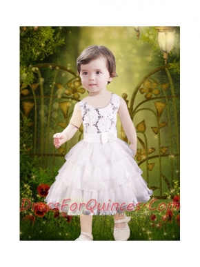 Bowknot and Ruffled Layers Tea-length Flower Girl Dress with Zipper-up