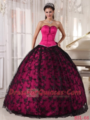 Pretty Hot Pink and Black Lace and Taffeta Sweetheart Ball Gown Dress