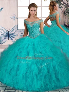 Free and Easy Lace Up Ball Gown Prom Dress Aqua Blue for Sweet 16 and Quinceanera with Beading and Ruffles Brush Train