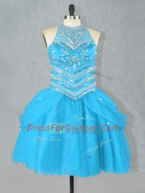 Exceptional Halter Top Sleeveless Juniors Party Dress Mini Length Beading Aqua Blue Tulle