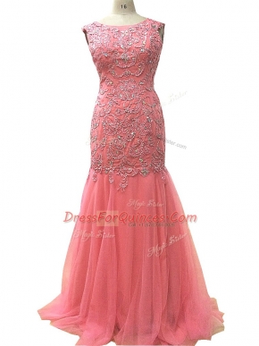 Adorable Watermelon Red Scoop Neckline Beading and Lace and Appliques Evening Dress Sleeveless Zipper