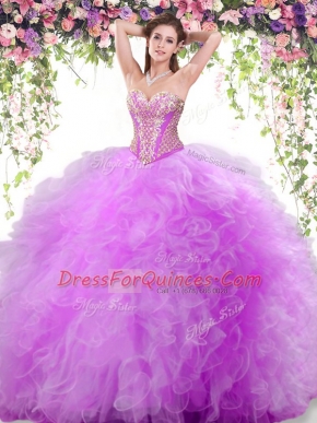 Sleeveless Floor Length Beading and Ruffles Lace Up Quince Ball Gowns with Lilac