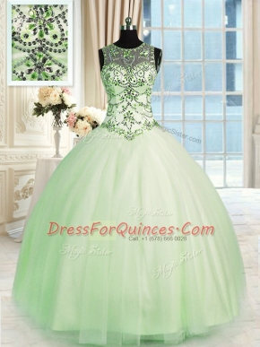 Fashion Apple Green Ball Gowns Tulle Scoop Sleeveless Beading Floor Length Lace Up Sweet 16 Dresses