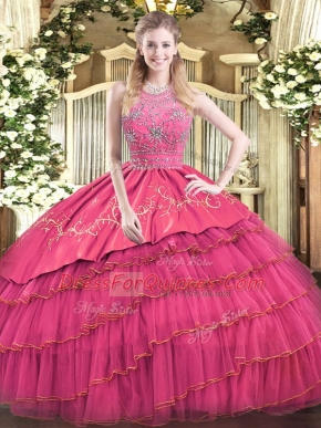 Halter Top Sleeveless Satin and Tulle Quinceanera Gown Beading and Embroidery and Ruffled Layers Zipper