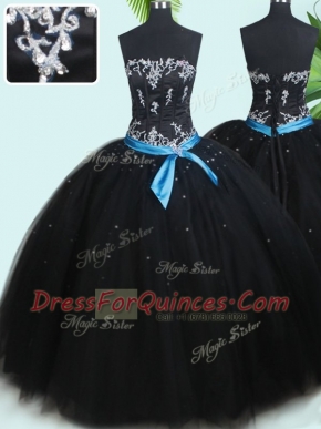 Black Strapless Neckline Beading and Belt Quince Ball Gowns Sleeveless Lace Up