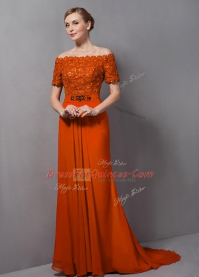 Beauteous Orange Empire Chiffon Off The Shoulder Short Sleeves Lace Zipper Dress for Prom Sweep Train