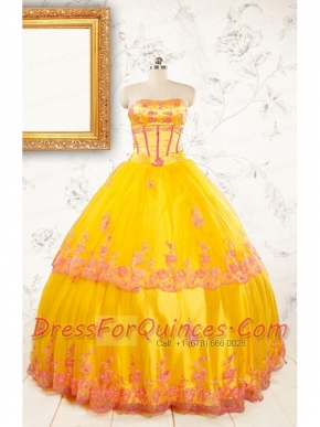 Gold Strapless Beautiful Quinceanera Dresses with Appliques