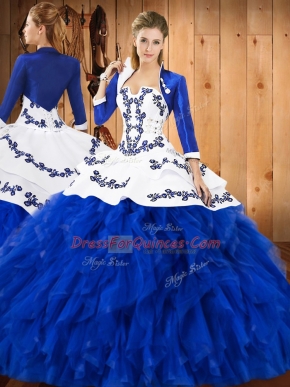 Sleeveless Satin and Organza Floor Length Lace Up 15 Quinceanera Dress in Blue And White with Embroidery and Ruffles