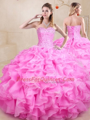 Rose Pink Ball Gowns Beading and Ruffles 15 Quinceanera Dress Lace Up Organza Sleeveless Floor Length