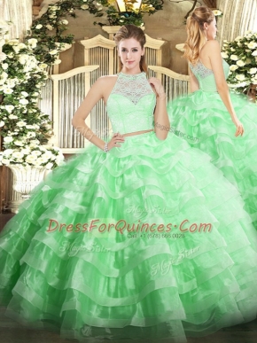 Eye-catching Apple Green 15 Quinceanera Dress Military Ball and Sweet 16 and Quinceanera with Lace and Ruffled Layers Scoop Sleeveless Zipper