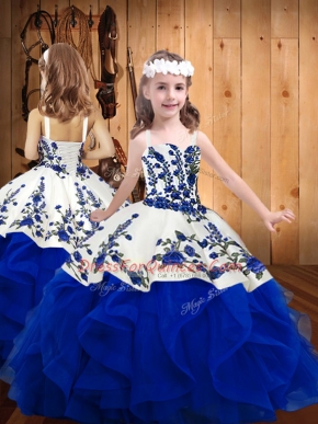 Royal Blue Organza Lace Up Straps Sleeveless Floor Length Little Girls Pageant Dress Embroidery and Ruffles