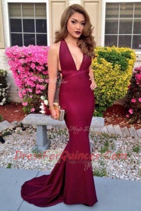 Mermaid Elastic Woven Satin Sleeveless Prom Gown Sweep Train and Ruching
