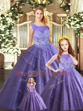 Sexy Lavender Scoop Neckline Beading Sweet 16 Dress Sleeveless Lace Up