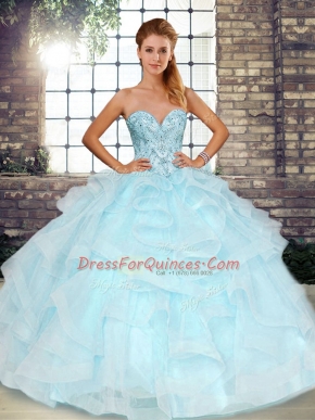 Perfect Tulle Sweetheart Sleeveless Lace Up Beading and Ruffles Sweet 16 Dress in Light Blue