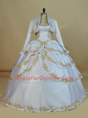 White Lace Up Straps Embroidery 15 Quinceanera Dress Satin Sleeveless