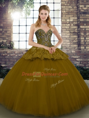Brown Ball Gowns Tulle Sweetheart Sleeveless Beading and Appliques Floor Length Lace Up Sweet 16 Quinceanera Dress