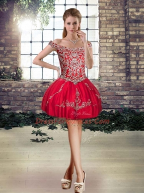 Modest Sleeveless Tulle Mini Length Lace Up Party Dress Wholesale in Red with Beading and Appliques