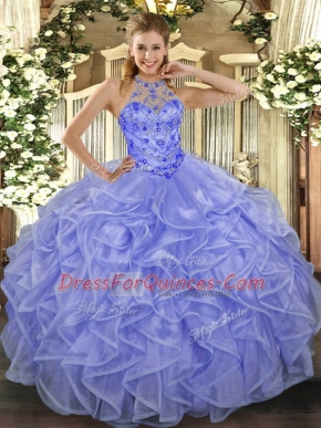 Lavender Ball Gowns Halter Top Sleeveless Organza Asymmetrical Lace Up Beading and Ruffles Sweet 16 Dresses