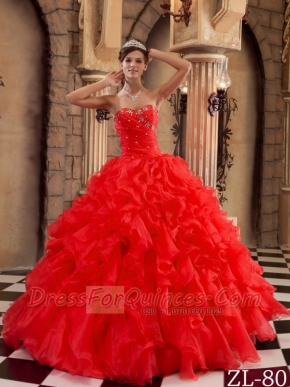 Sweetheart Red Ball Gown Beading and Ruffles   Spring Quinceanera Dresses 2014 Organza