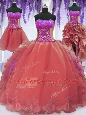 Luxurious Four Piece Sleeveless Floor Length Embroidery and Ruffles Lace Up Quince Ball Gowns with Watermelon Red