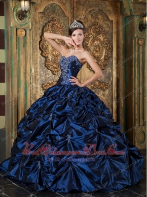 Navy Blue Ball Gown Sweetheart Floor-length Pick-ups Taffeta Quinceanera Dress