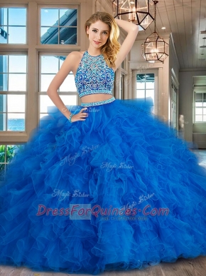 Scoop Blue Two Pieces Beading and Ruffles Vestidos de Quinceanera Backless Tulle Sleeveless Floor Length