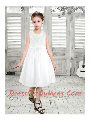 A-Line Tea-length Bowknot White Lace Flower Girl Dress with Scoop