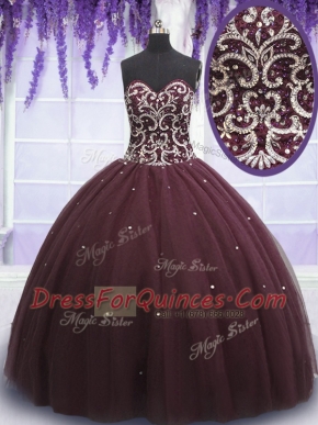 Eye-catching Sleeveless Tulle Floor Length Lace Up Quinceanera Dress in Dark Purple with Beading and Appliques