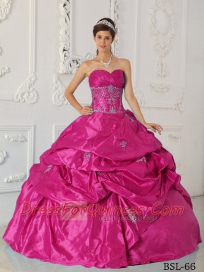 Quinceanera Dresses In Hot Pink Ball Gown Sweetheart With Taffeta Appliques In Classical Style