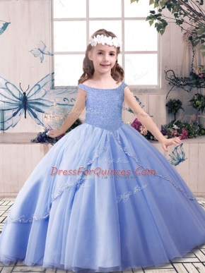 Off The Shoulder Sleeveless Tulle Little Girls Pageant Gowns Beading Lace Up