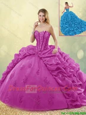 Best Selling Brush Train Beading Quinceanera Dresses in Fuchsia