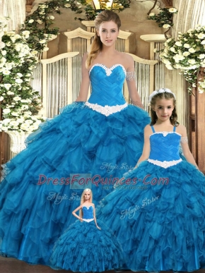 Teal Sweetheart Neckline Ruffles Quinceanera Dresses Sleeveless Lace Up