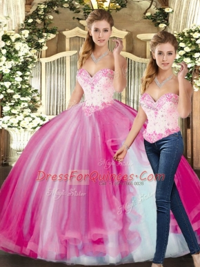 Exquisite Fuchsia Ball Gowns Beading Vestidos de Quinceanera Lace Up Tulle Sleeveless Floor Length